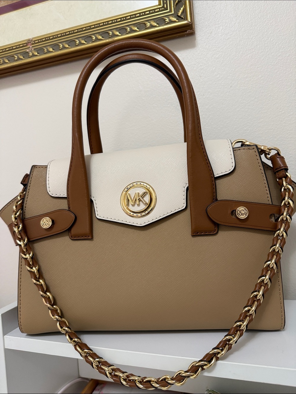 Michael Kors Beige, Brown and White Leather Satchel with Gold Hardware